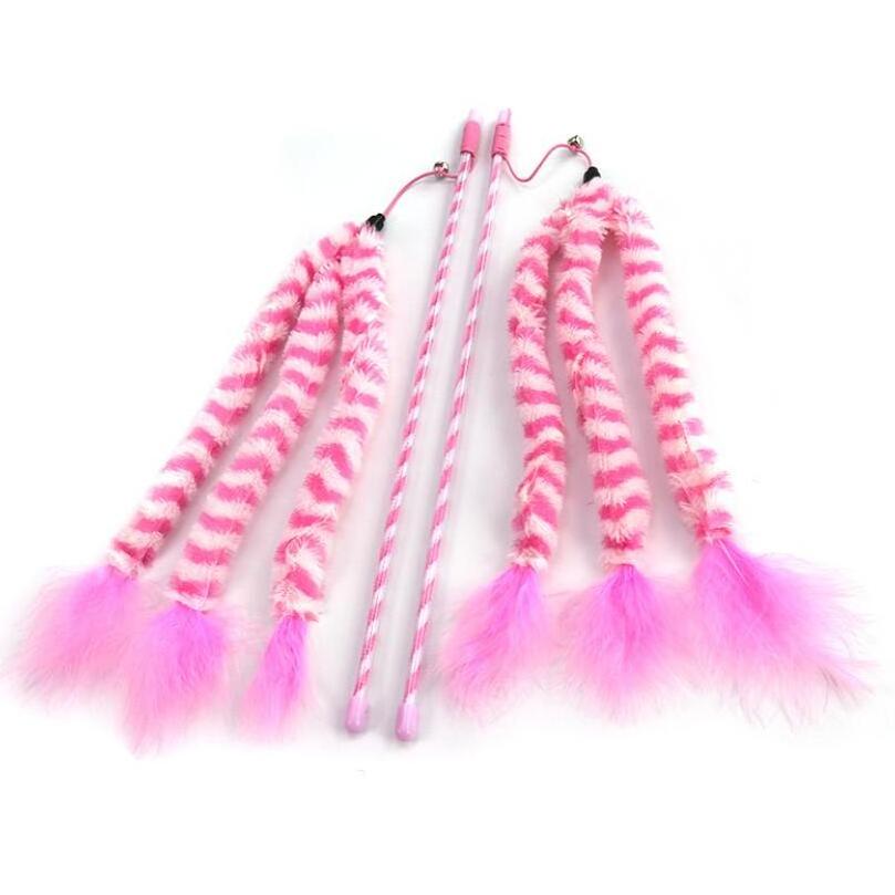 Low MOQ pet cat supply purple pink blue feather long stripe fleece plush stick cat teaser toys with bells