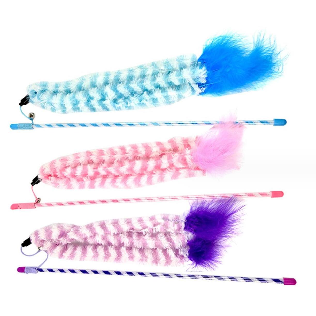 Low MOQ pet cat supply purple pink blue feather long stripe fleece plush stick cat teaser toys with bells