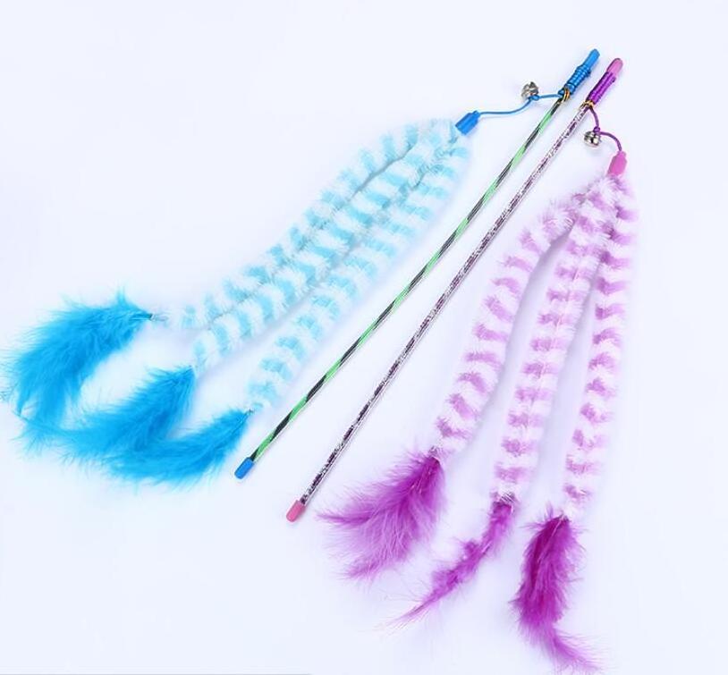 Low MOQ pet cat supply purple pink blue feather long stripe fleece plush stick cat teaser toys with bells