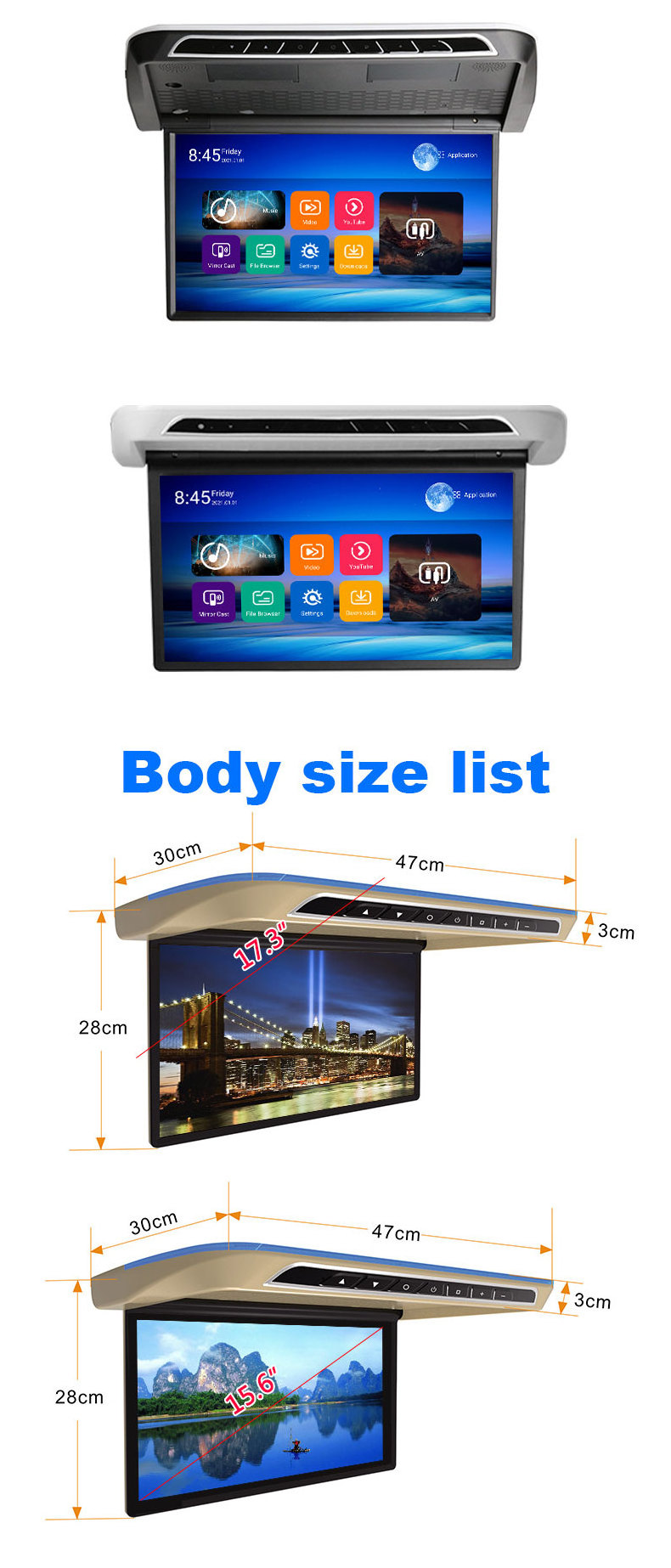 New Universal flip down monitor Electric Auto IPS Wifi Car Roof Mounted Lcd Monitor Roof TV Android 3+32G DC 12V