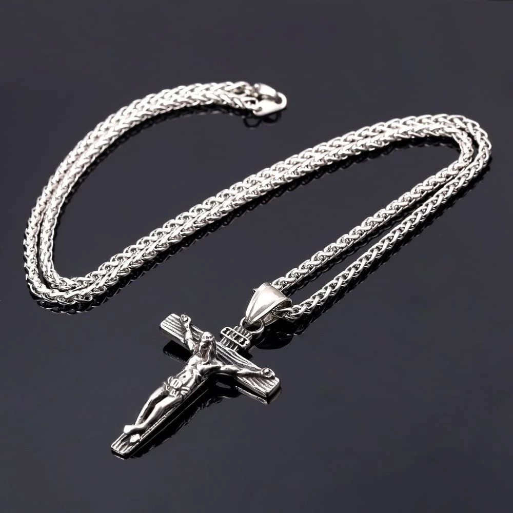 Christian Jesus Cross Necklace Ladies Men Stainless Steel Necklace Religious Easter Jesus Cross Necklace Prayer Baptism Jewelry