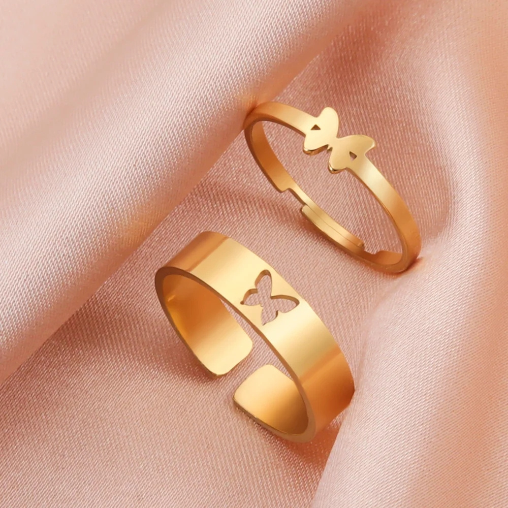 Trendy Moon Butterfly Couple Rings Adjustable Gold Color Stainless Steel Heart Dating Rings for Women Men Jewelry Gift