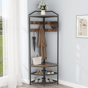 Corner Hall Tree with Shoe Bench Entryway Coat Rack with 10 Metal Movable Hooks Freestanding Clothes Rack Shoes Shelf Organizer