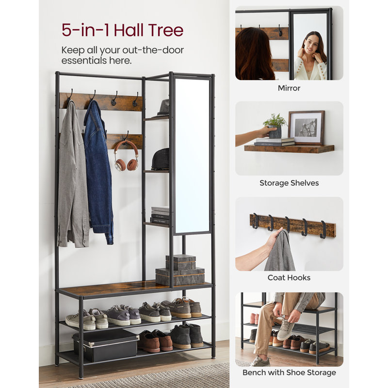 China Wholesale Supply Entry Furniture Wooden Hall Tree Hat and Coat and Shoe Rack with Shelf Mirror