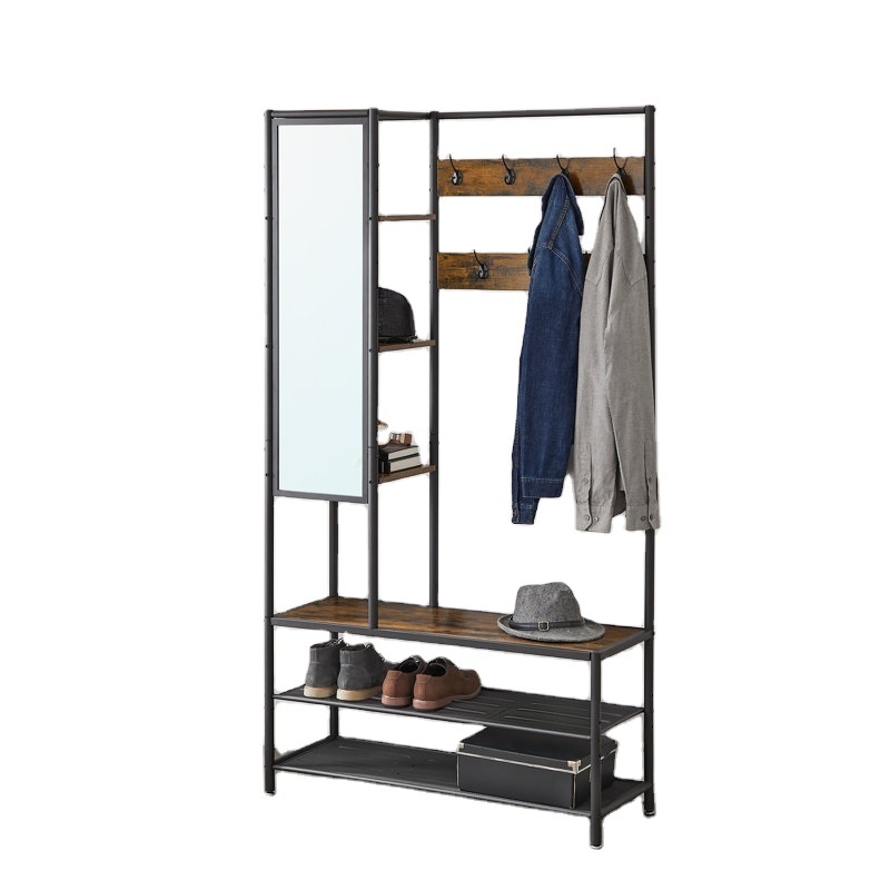 China Wholesale Supply Entry Furniture Wooden Hall Tree Hat and Coat and Shoe Rack with Shelf Mirror