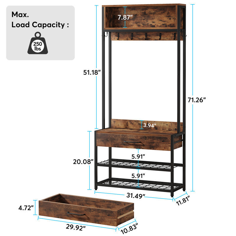 Entryway Bench and Coat Rack 32 Inch Wide Hall Tree with Bench and Shoe Storage