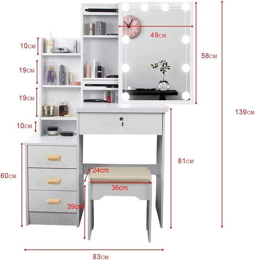 Home Furniture Vanity Dressing Table Vanity Desk for Makeup with 10 LED Bulbs Mirror