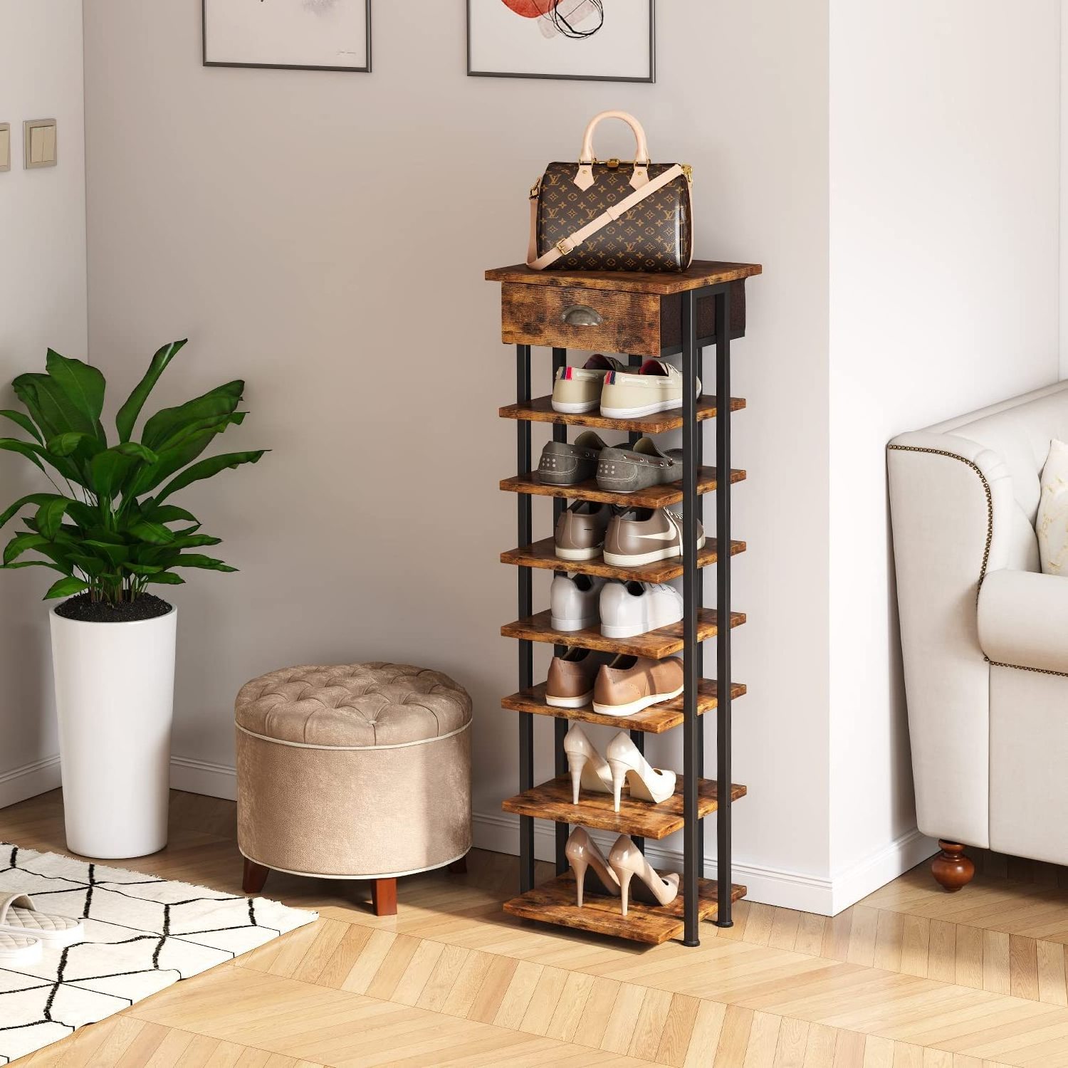 8 Tier Shoe Rack for Entryway Metal Free Standing Shoes Rack Narrow Slim Vertical Shoe Storage Shelf Organizer