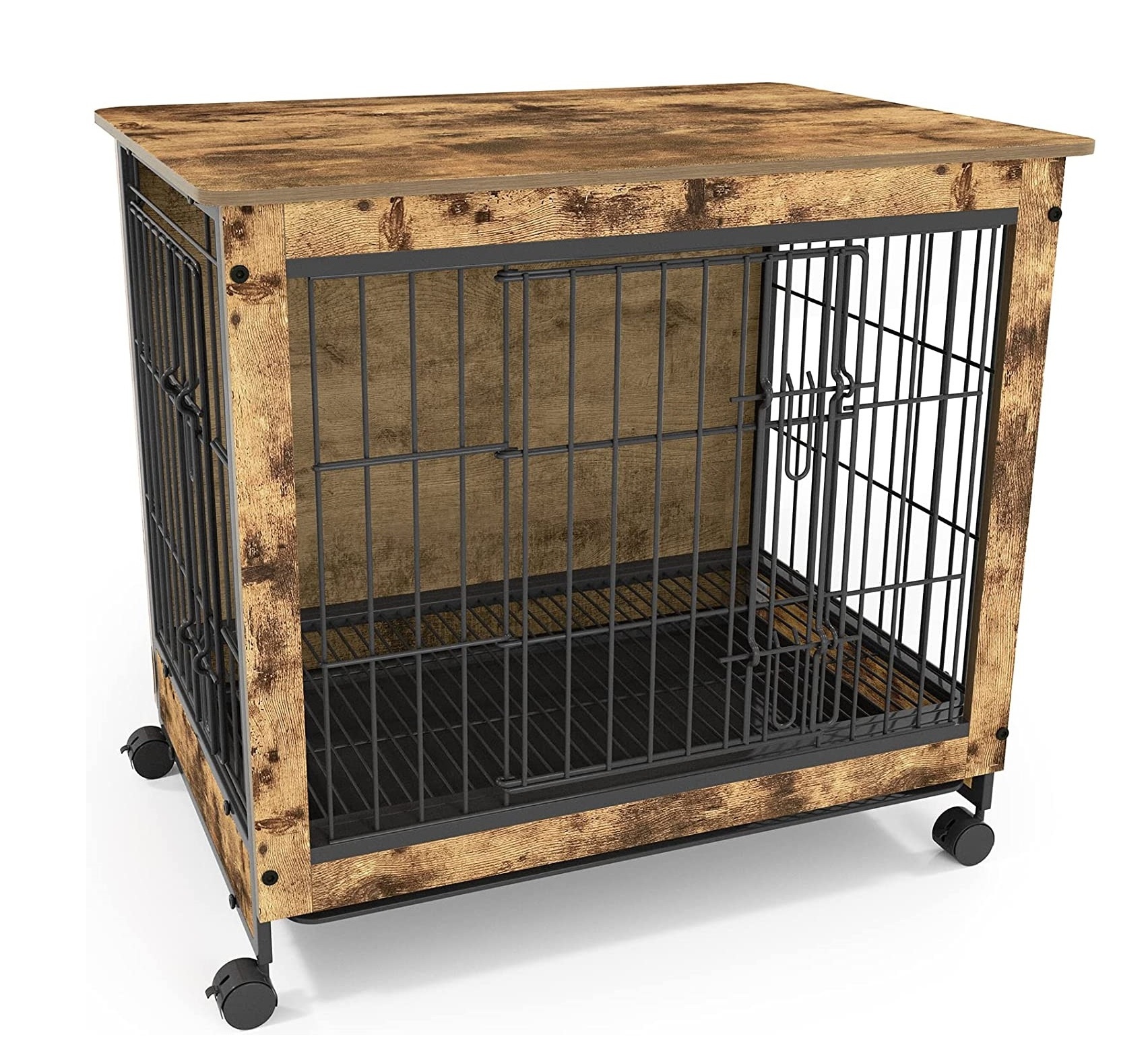 Pet houses Wooden Dog Crate Furniture End Table for Medium Dog Double Doors Dog House with Wheels