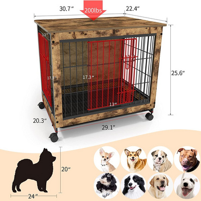 Pet houses Wooden Dog Crate Furniture End Table for Medium Dog Double Doors Dog House with Wheels