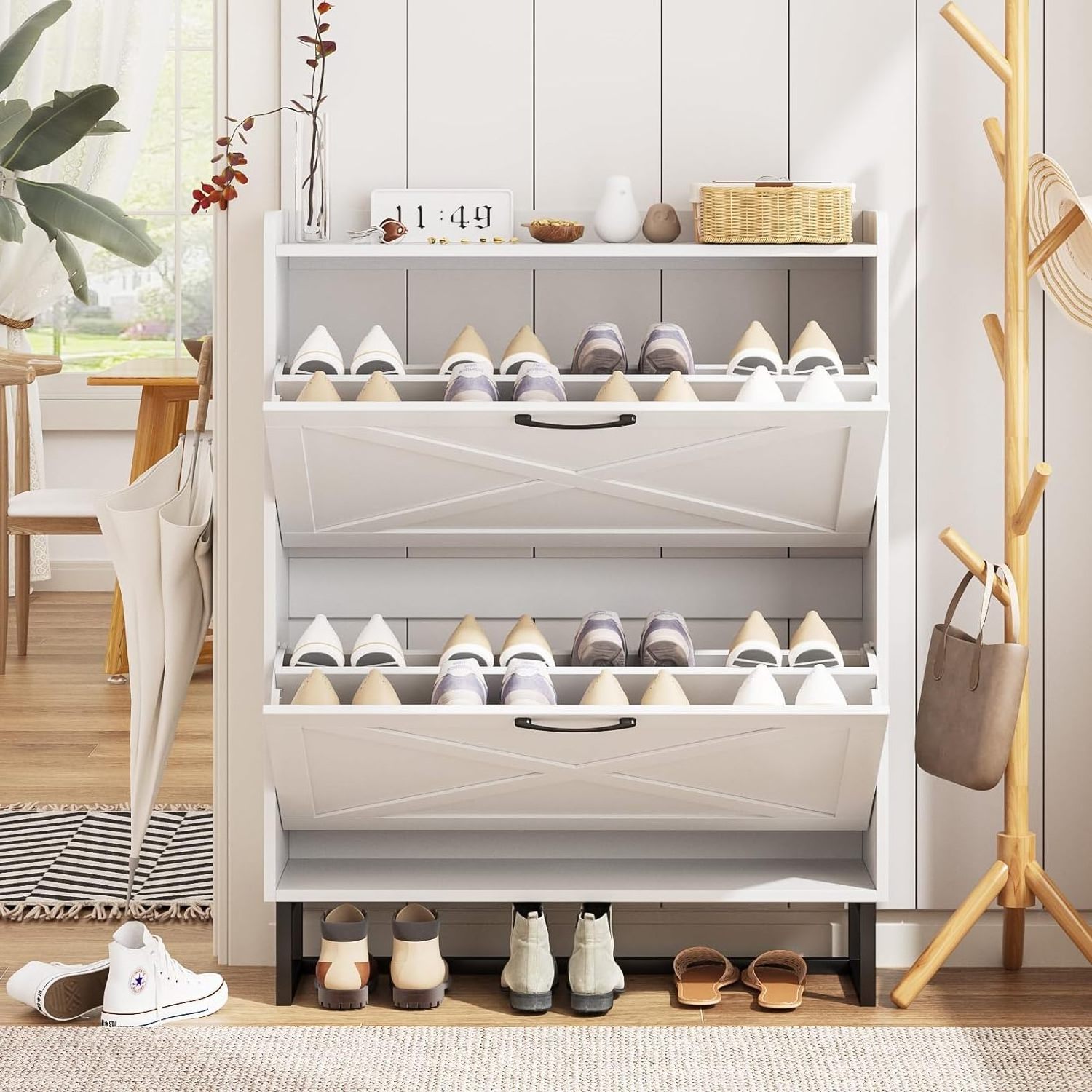 White Freestanding Rotating Narrow Hot selling wood storage rack modern shoe cabinet wooden shoe rack storage shoe cabinet