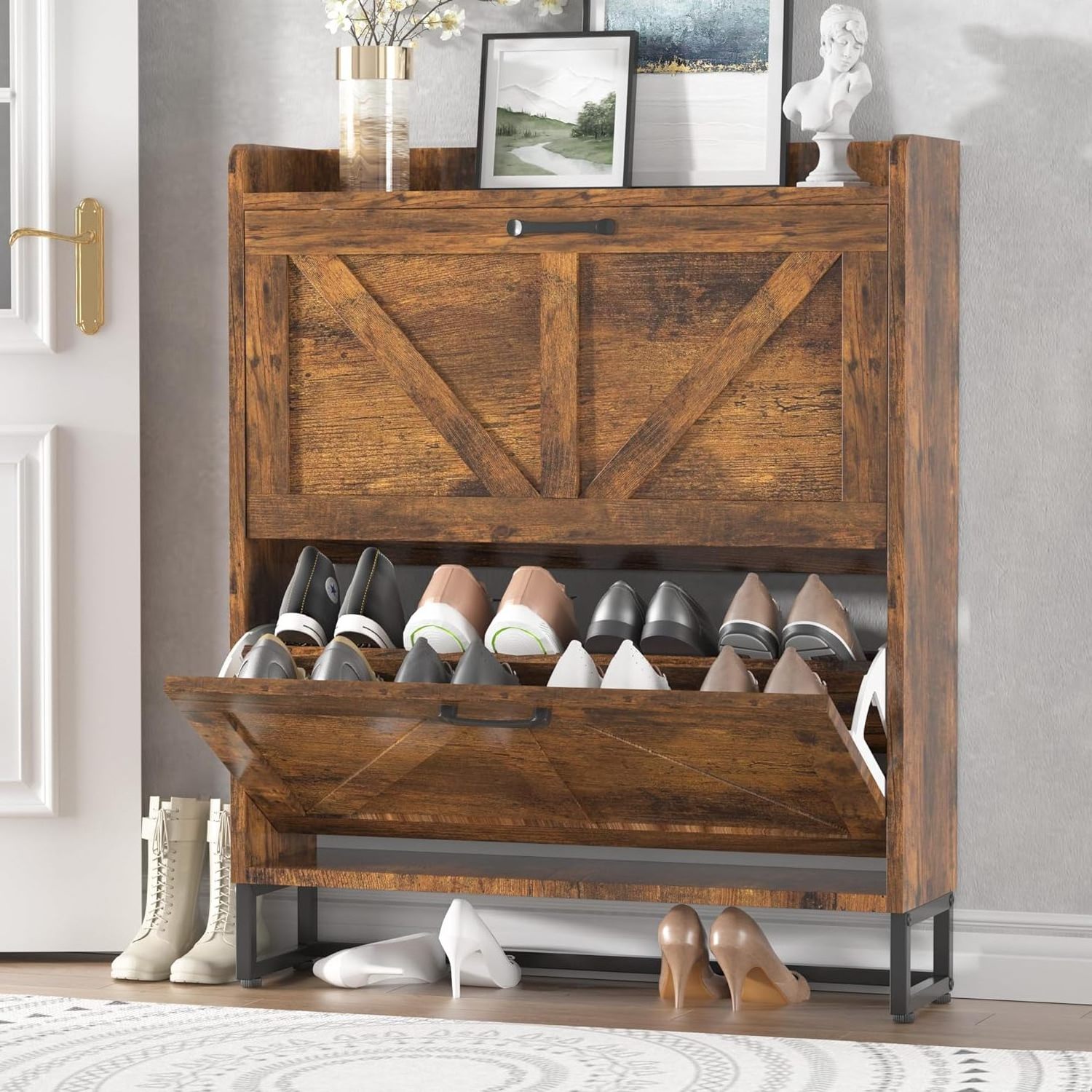 Modern  Hidden Shoe Organizer Cabinet Freestanding Shoe Rack Cabinet with Metal Legs for Entryway