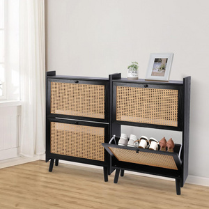 Black Entryway Shoe Storage Organizer Rattan Shoe Storage Cabinet for Entryway Slim 2 Flip Drawers Panel Shoe Cabinet