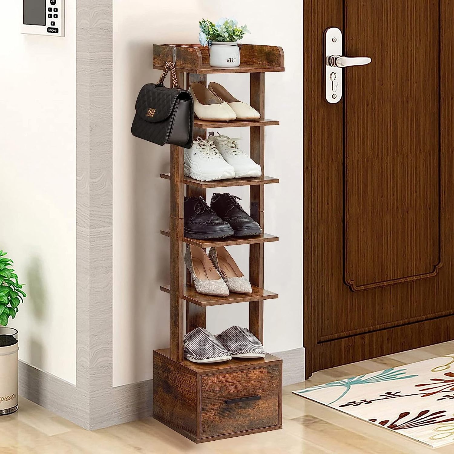 6 Tiers Vertical Shoe Rack Entryway Wooden Shoe Cabinet Organizer Shoe Rack