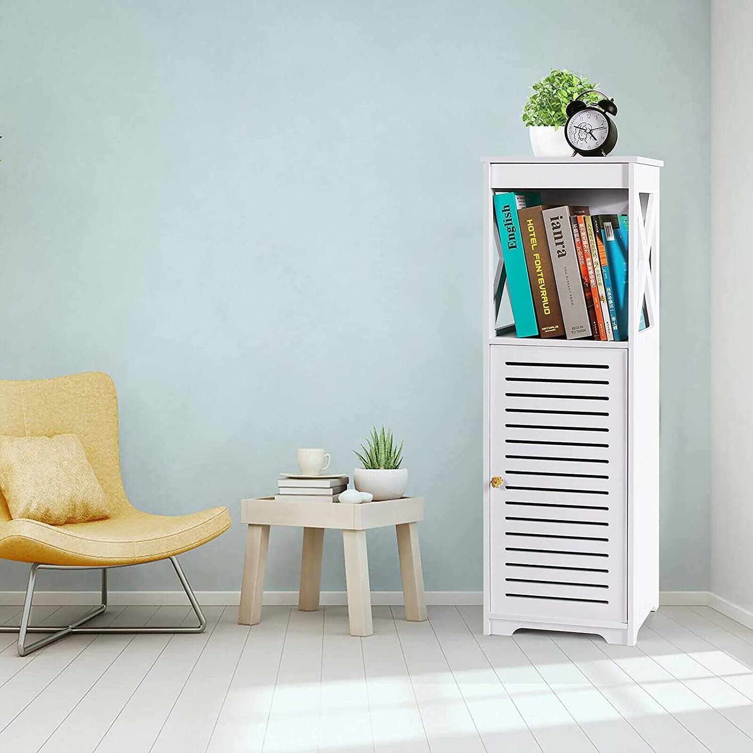 White Bathroom Storage Shelf Organizer Cabinet with Daily use Layer and 1 Cupboard Door