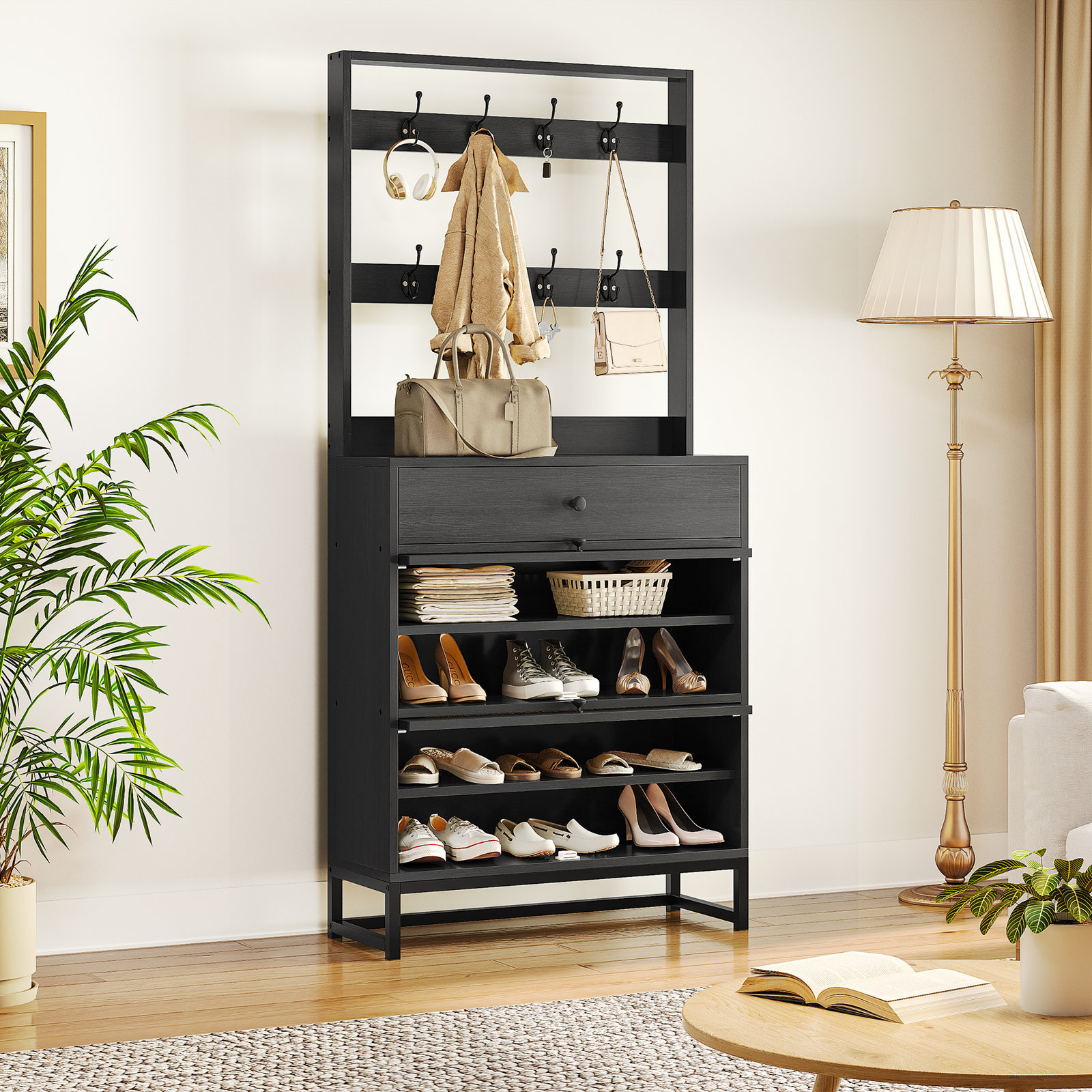 Farmhouse Modern Wooden Hall Tree 15 Pair Shoe Storage Shoe Cabinet with Rattan Doors for Hallway Entryway