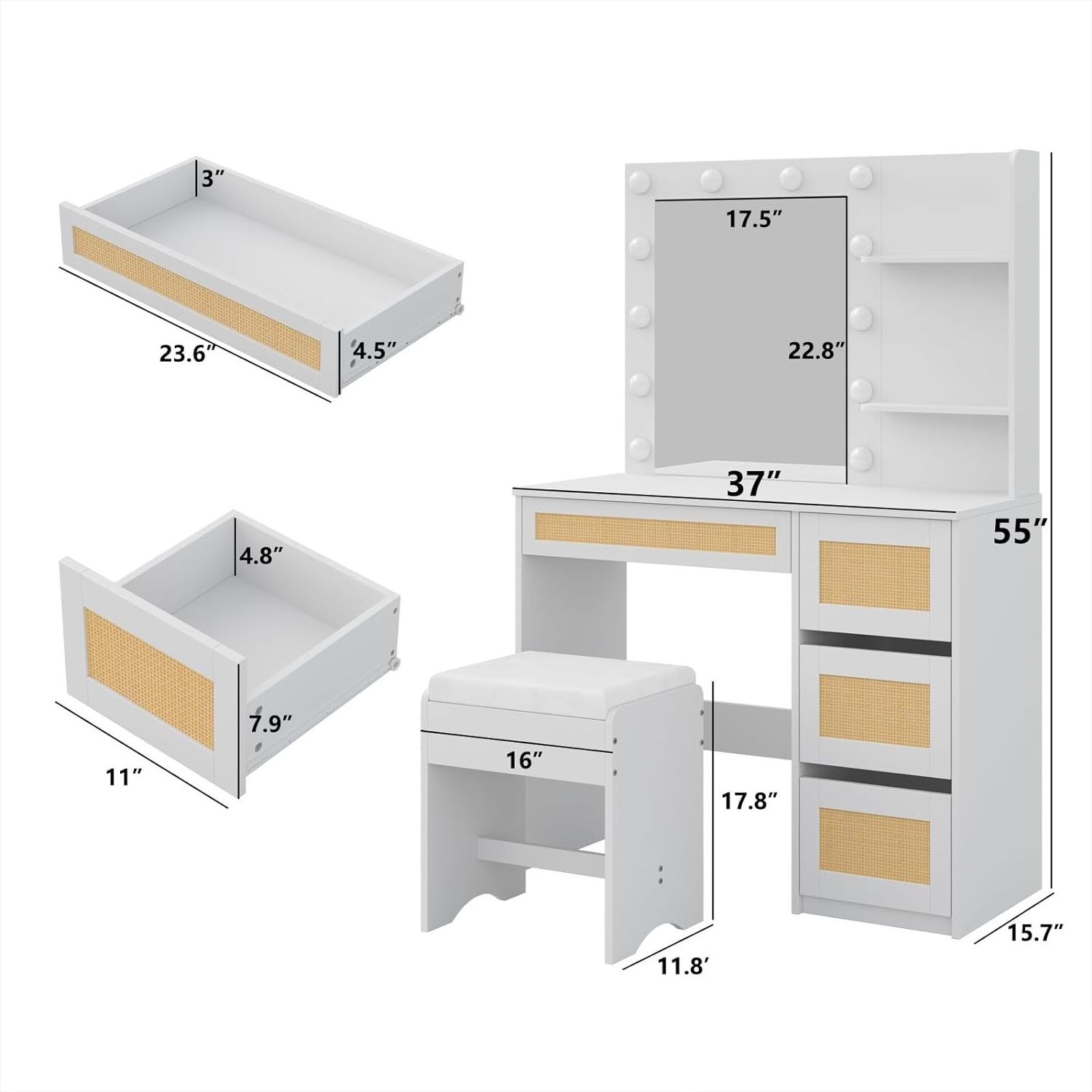 Bedroom Furniture Rattan Light up Dressing Table Makeup Vanity Desk for Makeup  with Lights Mirror and 4 Drawers