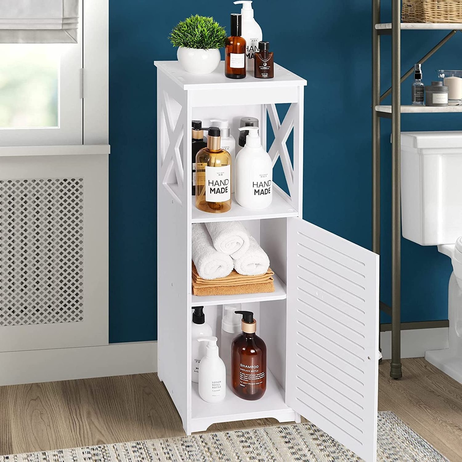 White Bathroom Storage Shelf Organizer Cabinet with Daily use Layer and 1 Cupboard Door