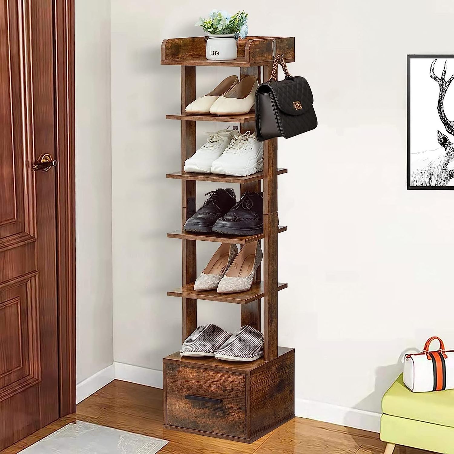 6 Tiers Vertical Shoe Rack Entryway Wooden Shoe Cabinet Organizer Shoe Rack