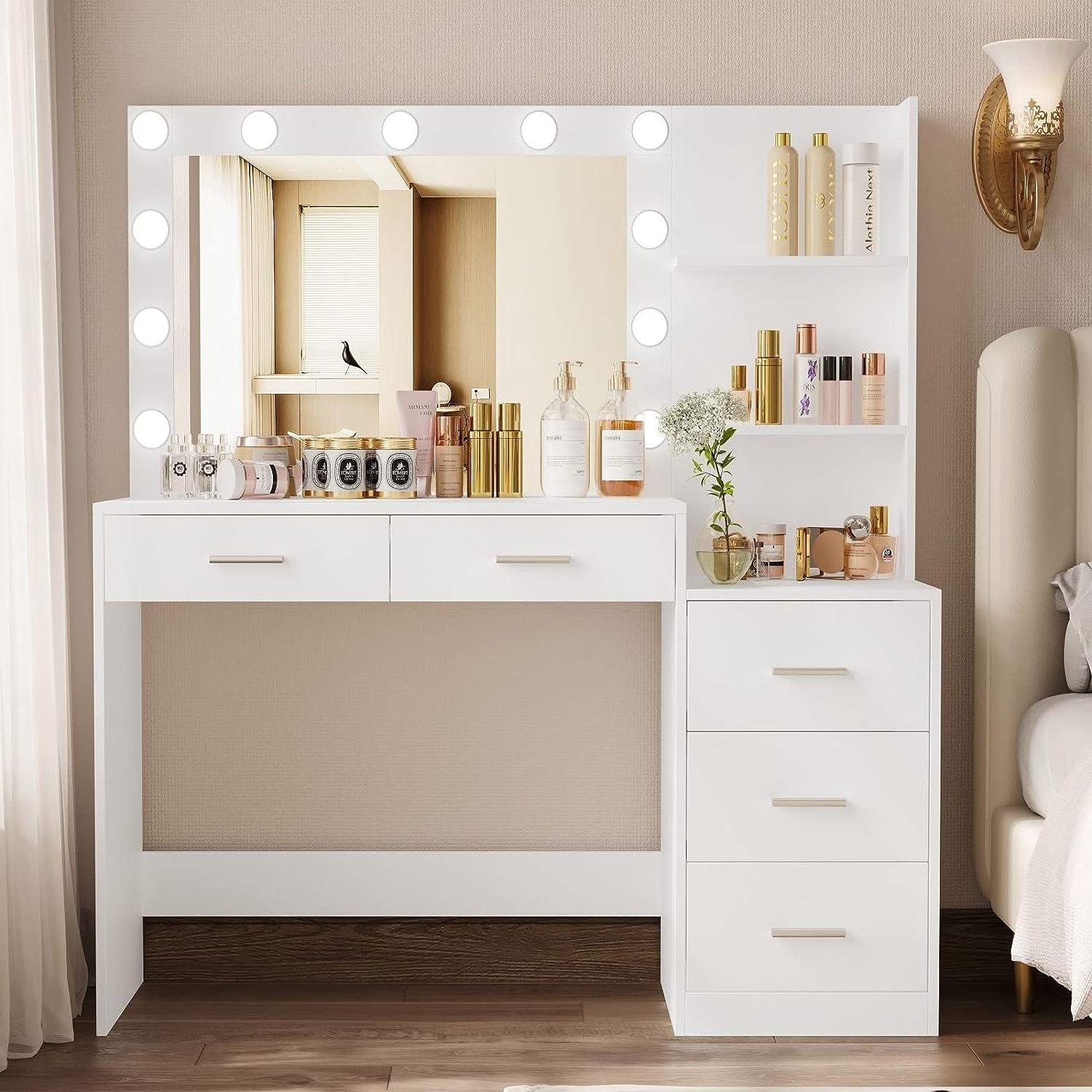 Modern White Vanity Desk Dressing Table Set Makeup Vanity Desk with Mirror and Chair