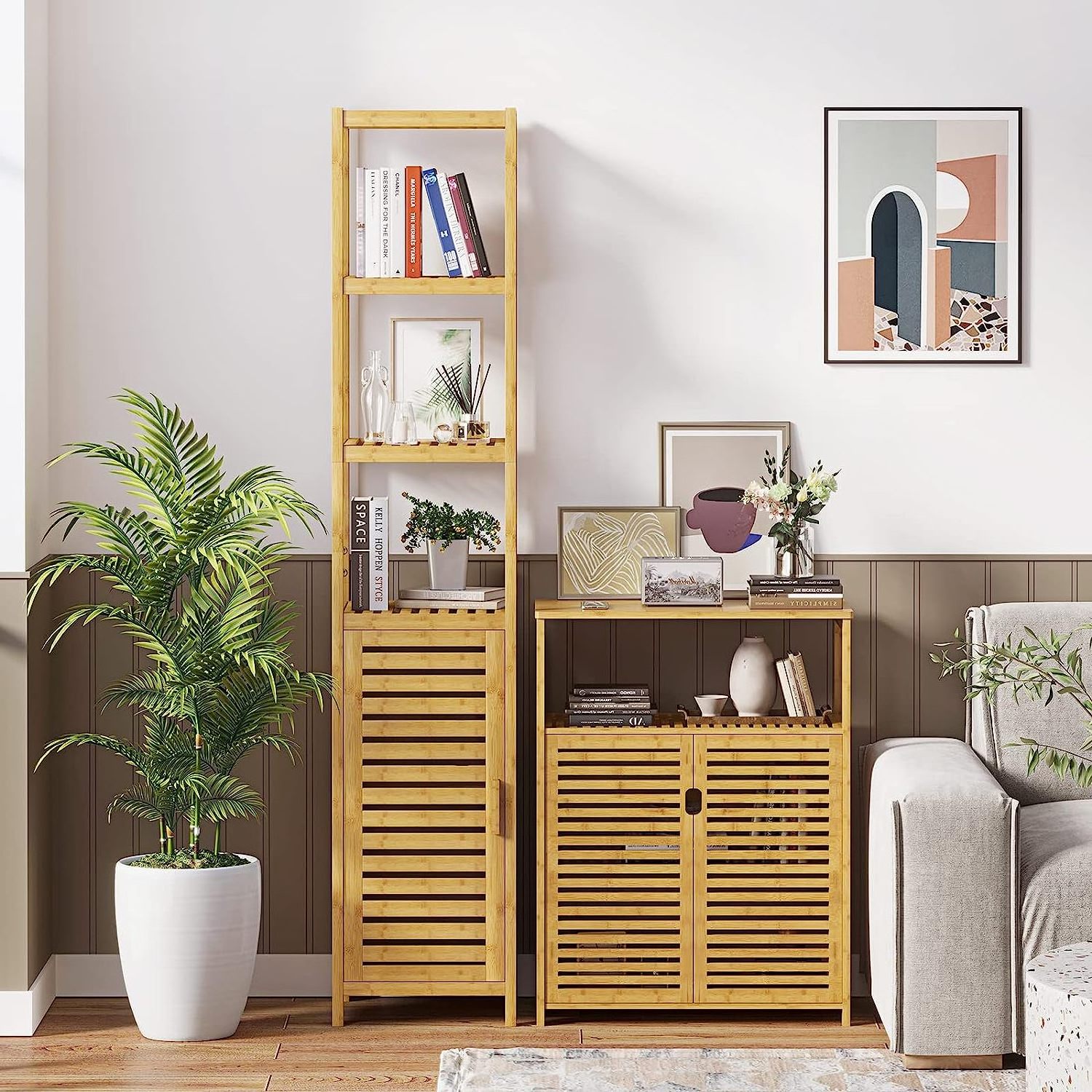 Bathroom Storage Cabinet Tall Slim Cabinet with Shutter Door and 3 Tier Shelves Freestanding Linen Tower Cabinet for Living Room