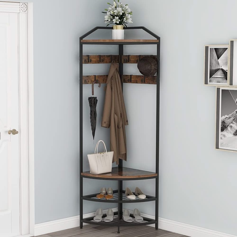 Corner Hall Tree with Shoe Bench Entryway Coat Rack with 10 Metal Movable Hooks Freestanding Clothes Rack Shoes Shelf Organizer