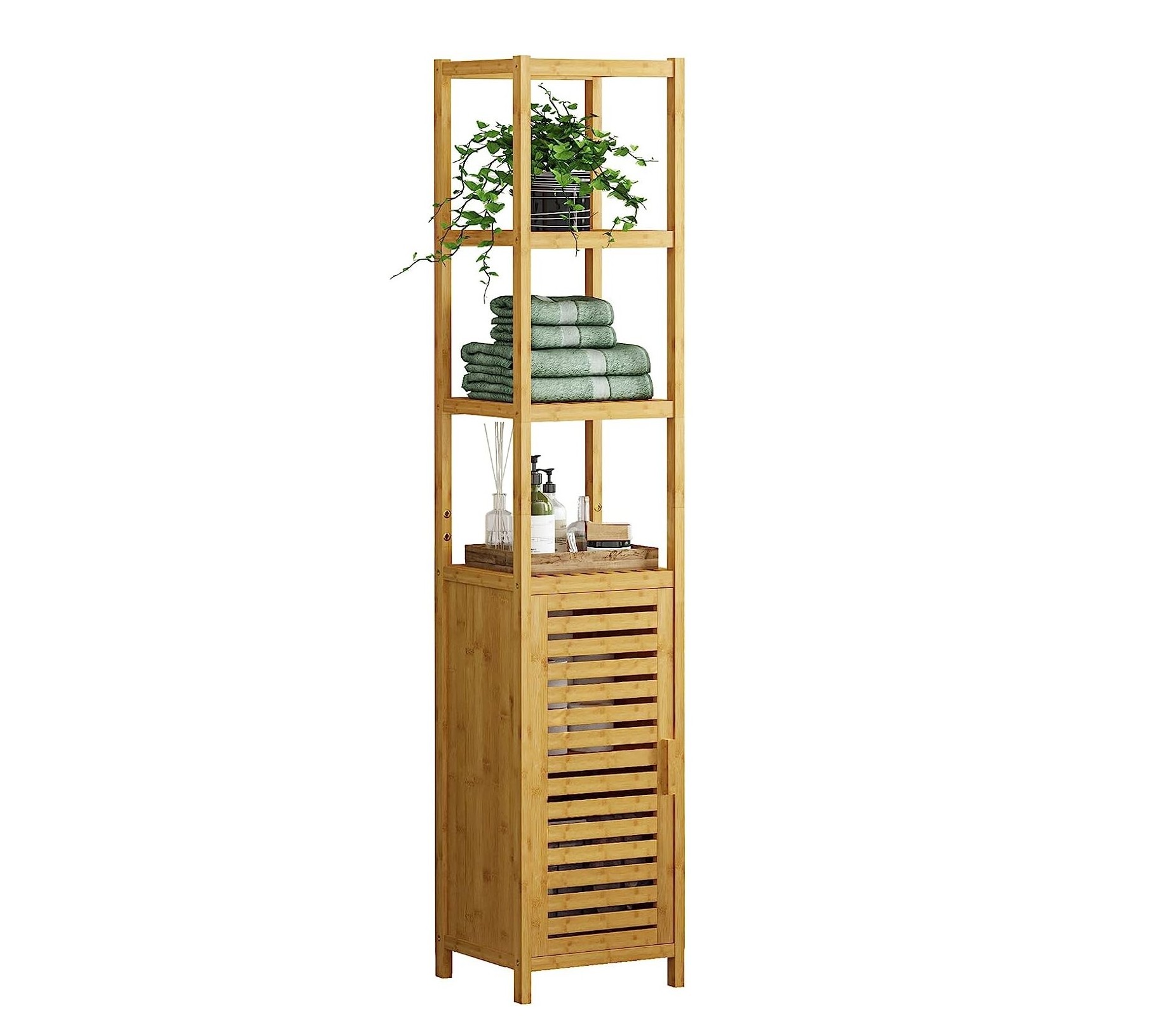 Bathroom Storage Cabinet Tall Slim Cabinet with Shutter Door and 3 Tier Shelves Freestanding Linen Tower Cabinet for Living Room