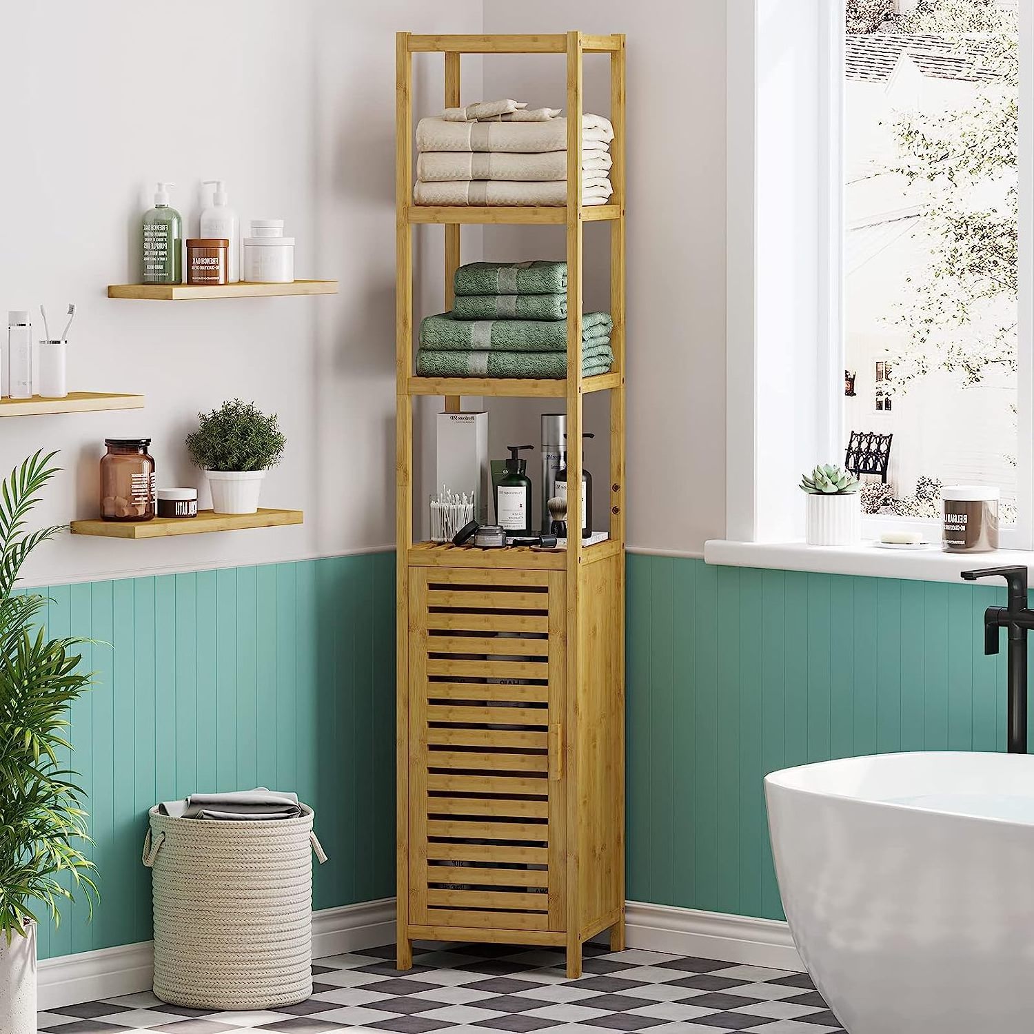 Bathroom Storage Cabinet Tall Slim Cabinet with Shutter Door and 3 Tier Shelves Freestanding Linen Tower Cabinet for Living Room