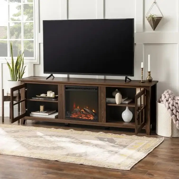 wood TV stand  78 inch modern living room furniture both sides storage fireplace tv stand