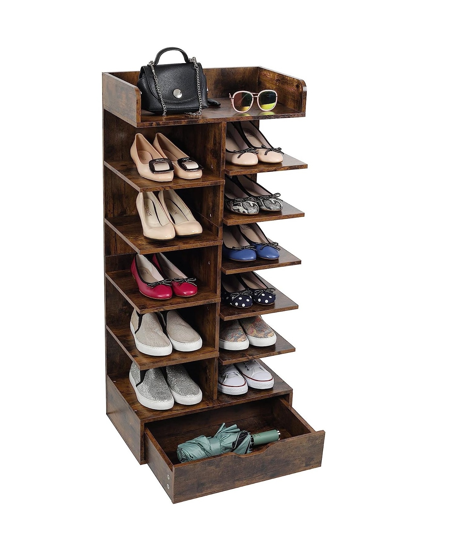 6 Tier Shoe Rack Wood Shoe Organizer Tall Shoe Storage Rack with Drawer for Entryway