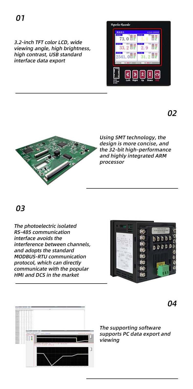 Industrial Universal Digital 12/16/24/32 Multi Channel USB RS485 Modbus Output Data Logger 6 Channel Paperless Recorder