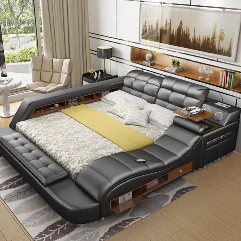 Storage bed with light leather modern drawer queen king size frame with under wedding bed intelligent design secret safe storage