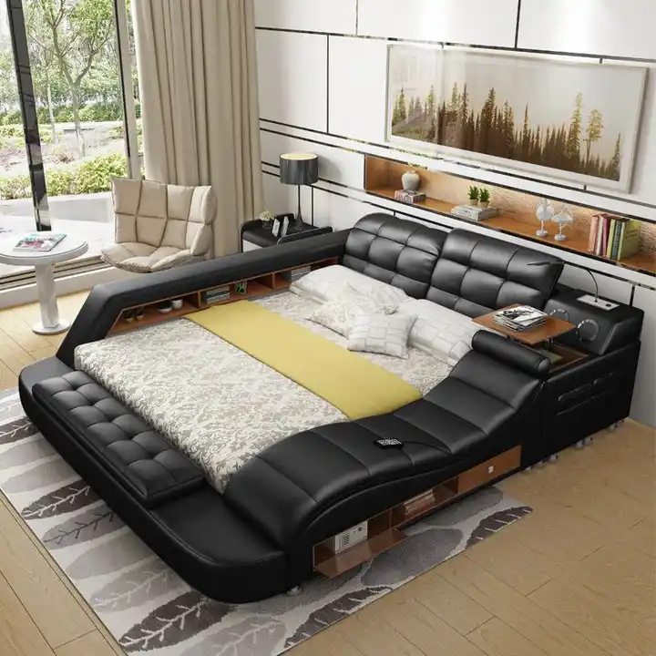 Storage bed with light leather modern drawer queen king size frame with under wedding bed intelligent design secret safe storage