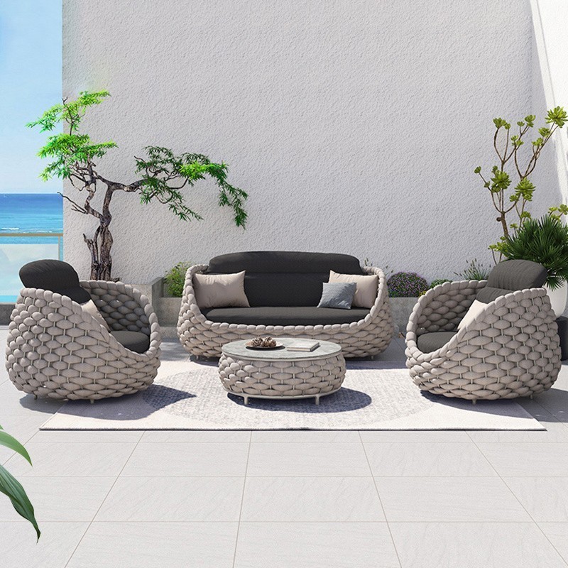 Outdoor patio furniture set garden fabric waterproof outside furniture rope chairs 7 piece rattan white outdoor patio furniture