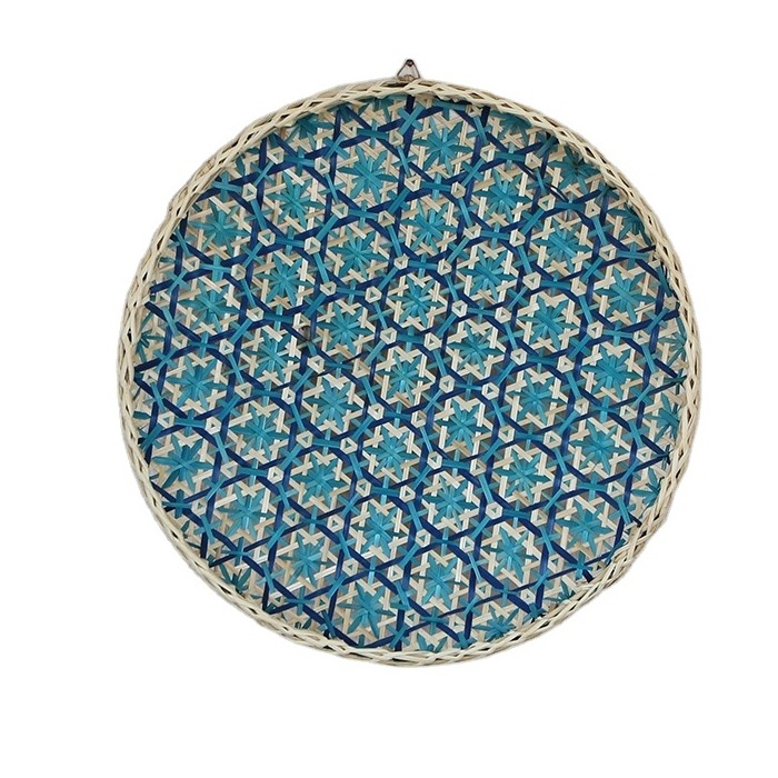 Vietnam factory Price for Export Wicker Round Blue pattern Basket Bamboo Placemats wall hanging Decor for Living Room or Bedroom