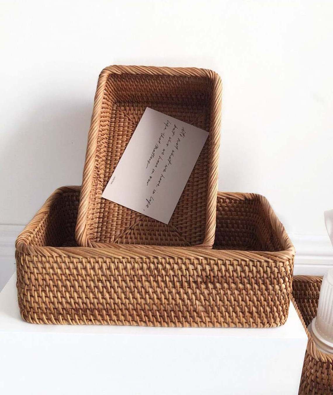 Set of 2 Handmade Rattan Storage Basket with Handle in the Kitchen, Home, Restaurant Natural Rattan Serving Tray