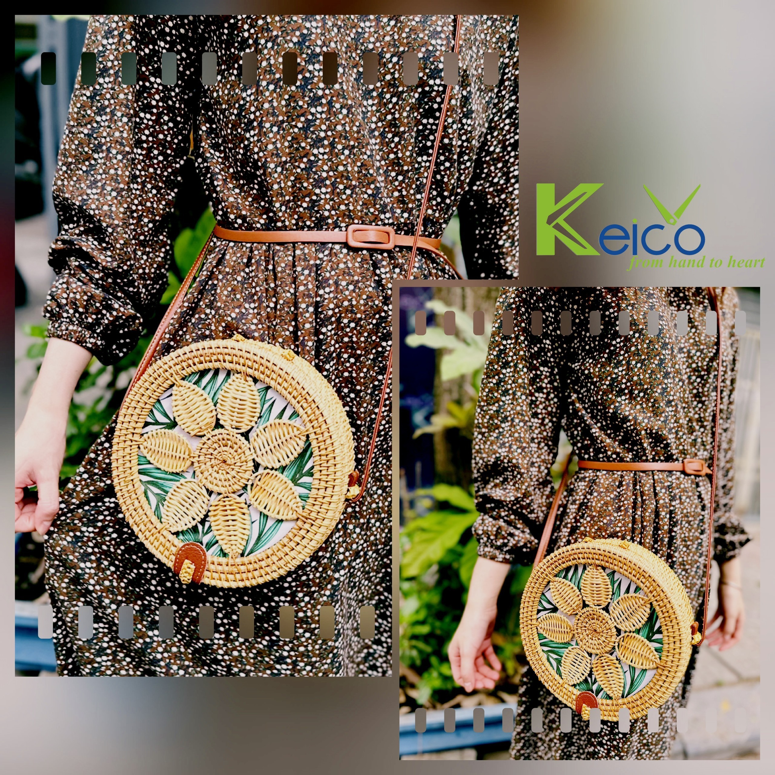 Vietnam rattan round Pentagram women's handbags handmade Rattan Bag with Shoulder Leather Straps Natural Chic Handbag