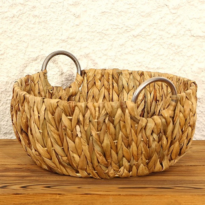 Water Hyacinth Storage Baskets round large Wicker woven Basket with Built-in Handle made in Vietnam