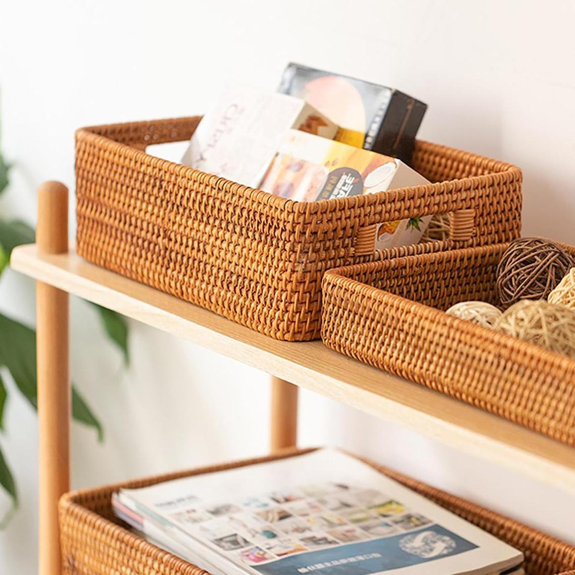 Set of 2 Handmade Rattan Storage Basket with Handle in the Kitchen, Home, Restaurant Natural Rattan Serving Tray