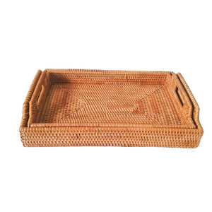 Set of 2 Handmade Rattan Storage Basket with Handle in the Kitchen, Home, Restaurant Natural Rattan Serving Tray