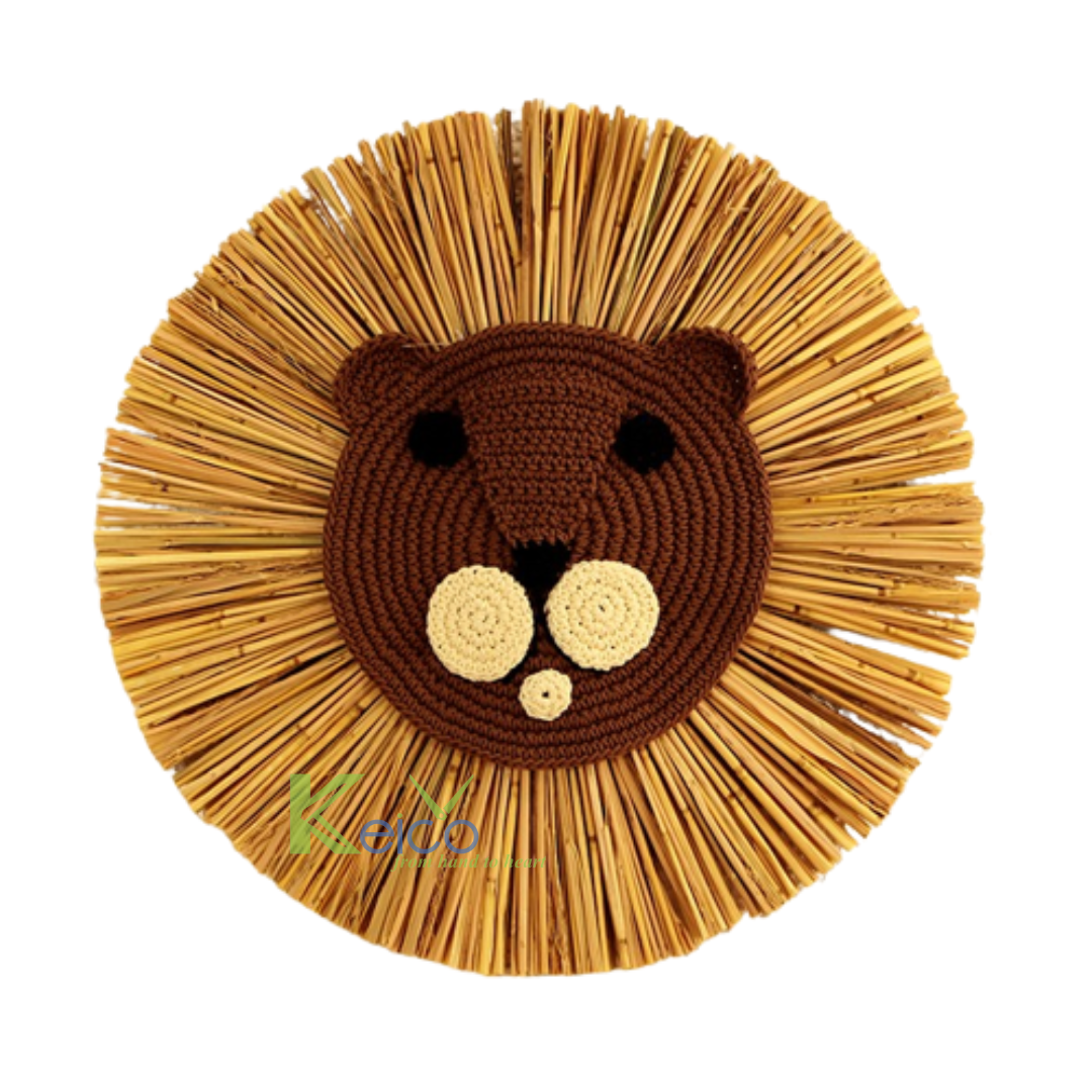 Hot items 2023 cartoon animal tiger bear handmade seagrass wall hanging natural cartoon wall decoration for kids room