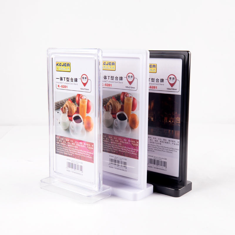 Card Holder Plastic 2-sided PVC Desktop 3 Colors Restaurant Menu Stand T-shaped Countertop Display Stand for Wedding or QR Code