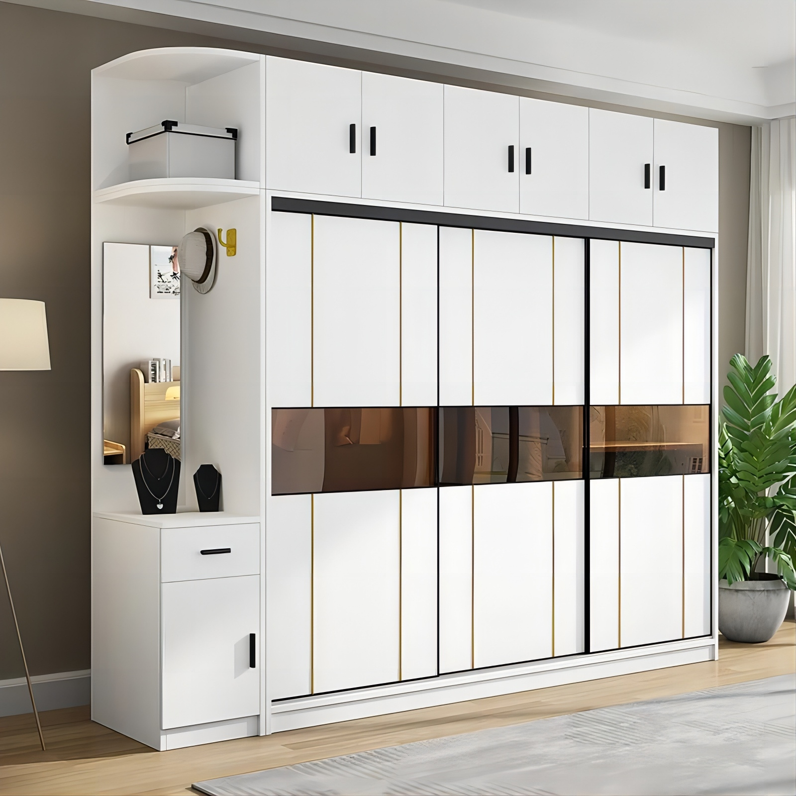 Kejia Luxury Modern Sliding Door Wooden Wardrobe Door-Plate Assembly Tempered Glass Wardrobes With Mirror