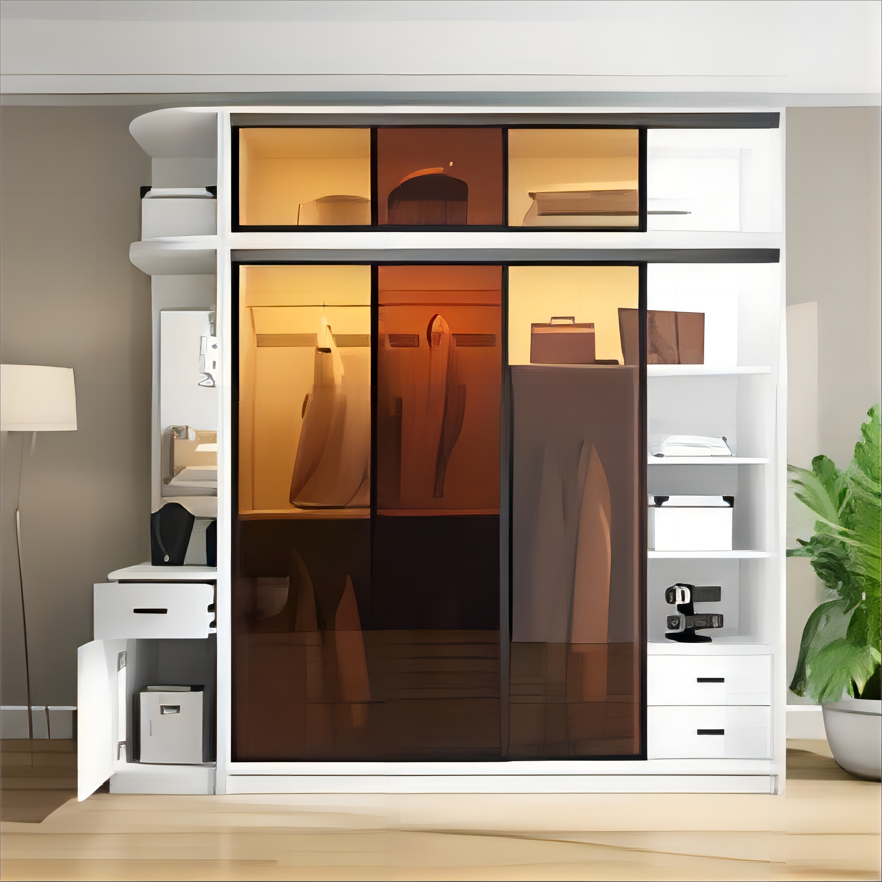 Kejia Luxury Modern Sliding Door Wooden Wardrobe Door-Plate Assembly Tempered Glass Wardrobes With Mirror