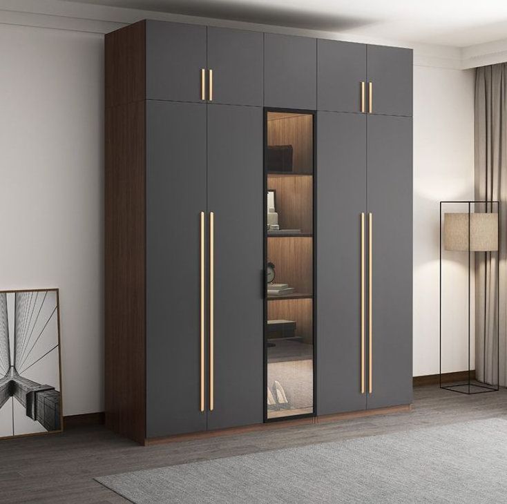 KEJIA Luxury Black Clothes Wardrobe Bedroom Furniture Set Modern Glass Aluminium Pole Support 6 Door Wooden Wardrobes