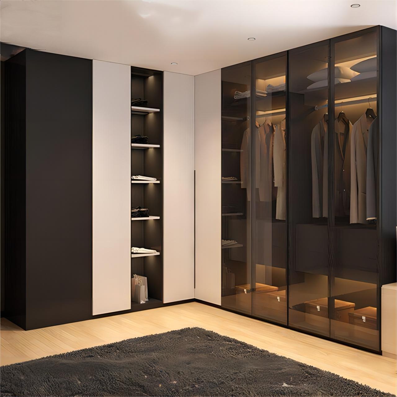 Kejia Latest Modern Walk In Closet Designs Glass Door Bedroom Furniture Storage Drawers L Shape Glass Wardrobes With Led Light