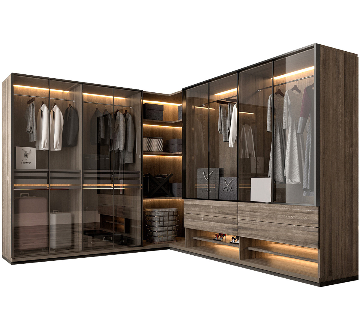 KEJIA Luxury Bedroom Closet Storage Wardrobe Glass Door Wooden Built-in Light Strip Walk in Closet Wardrobes For Villa