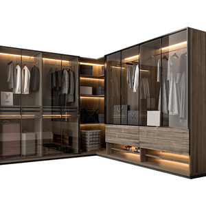 KEJIA Luxury Bedroom Closet Storage Wardrobe Glass Door Wooden Built-in Light Strip Walk in Closet Wardrobes For Villa