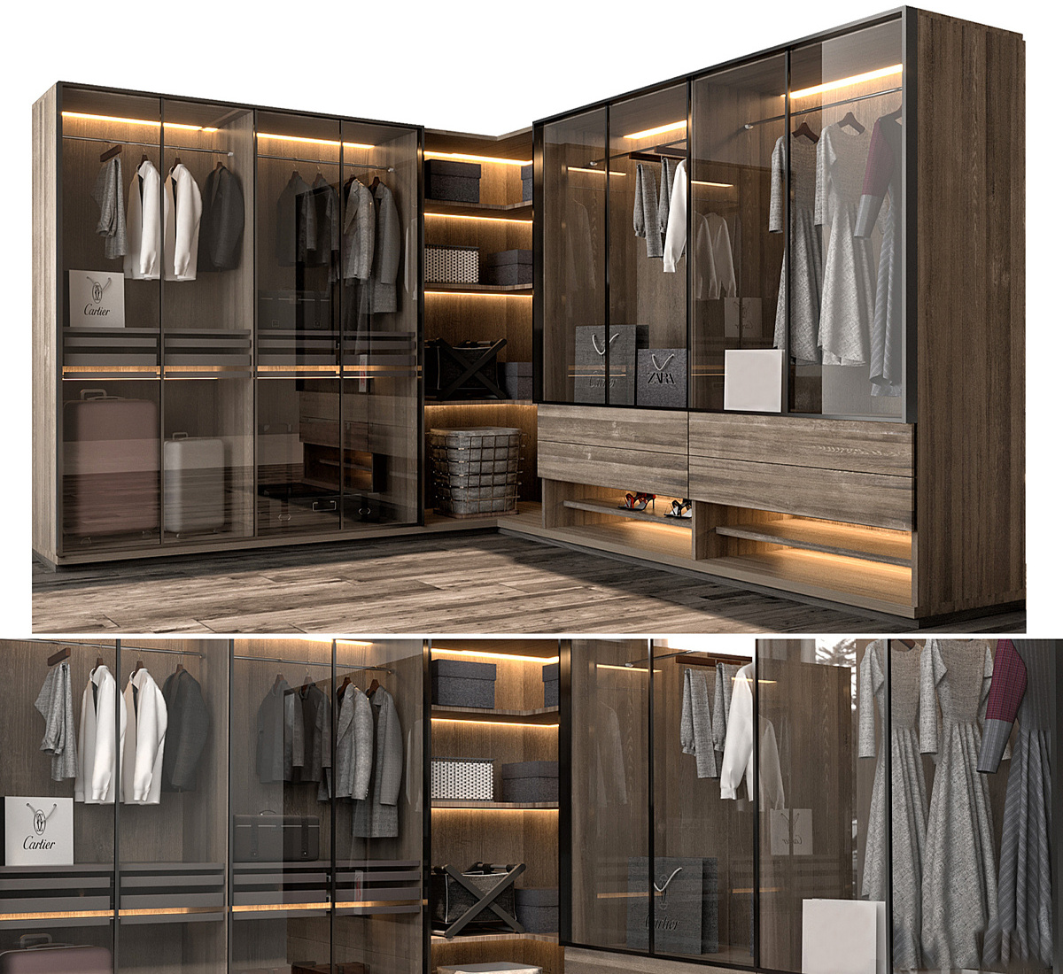 KEJIA Luxury Bedroom Closet Storage Wardrobe Glass Door Wooden Built-in Light Strip Walk in Closet Wardrobes For Villa