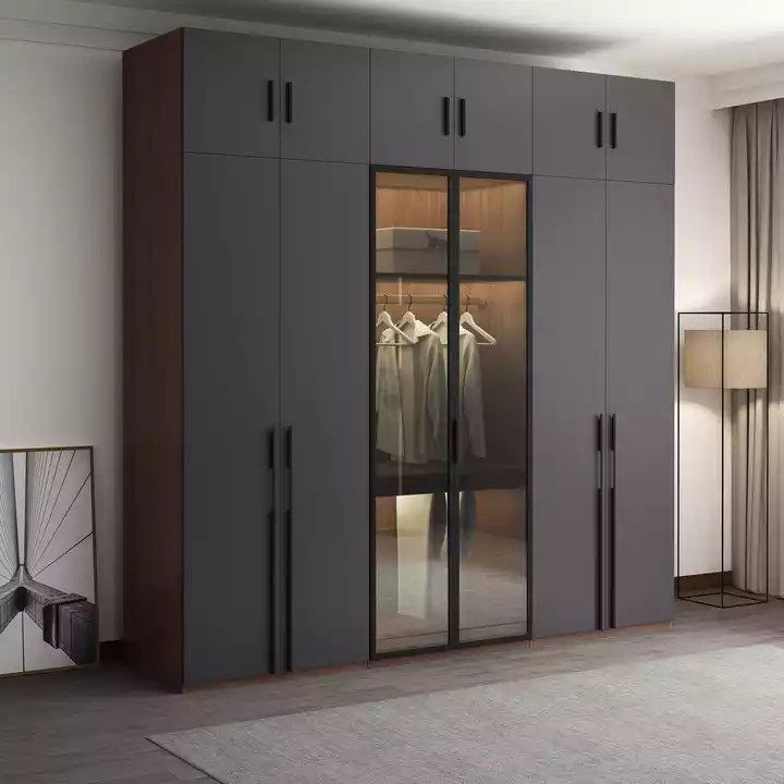 KEJIA Luxury Black Clothes Wardrobe Bedroom Furniture Set Modern Glass Aluminium Pole Support 6 Door Wooden Wardrobes